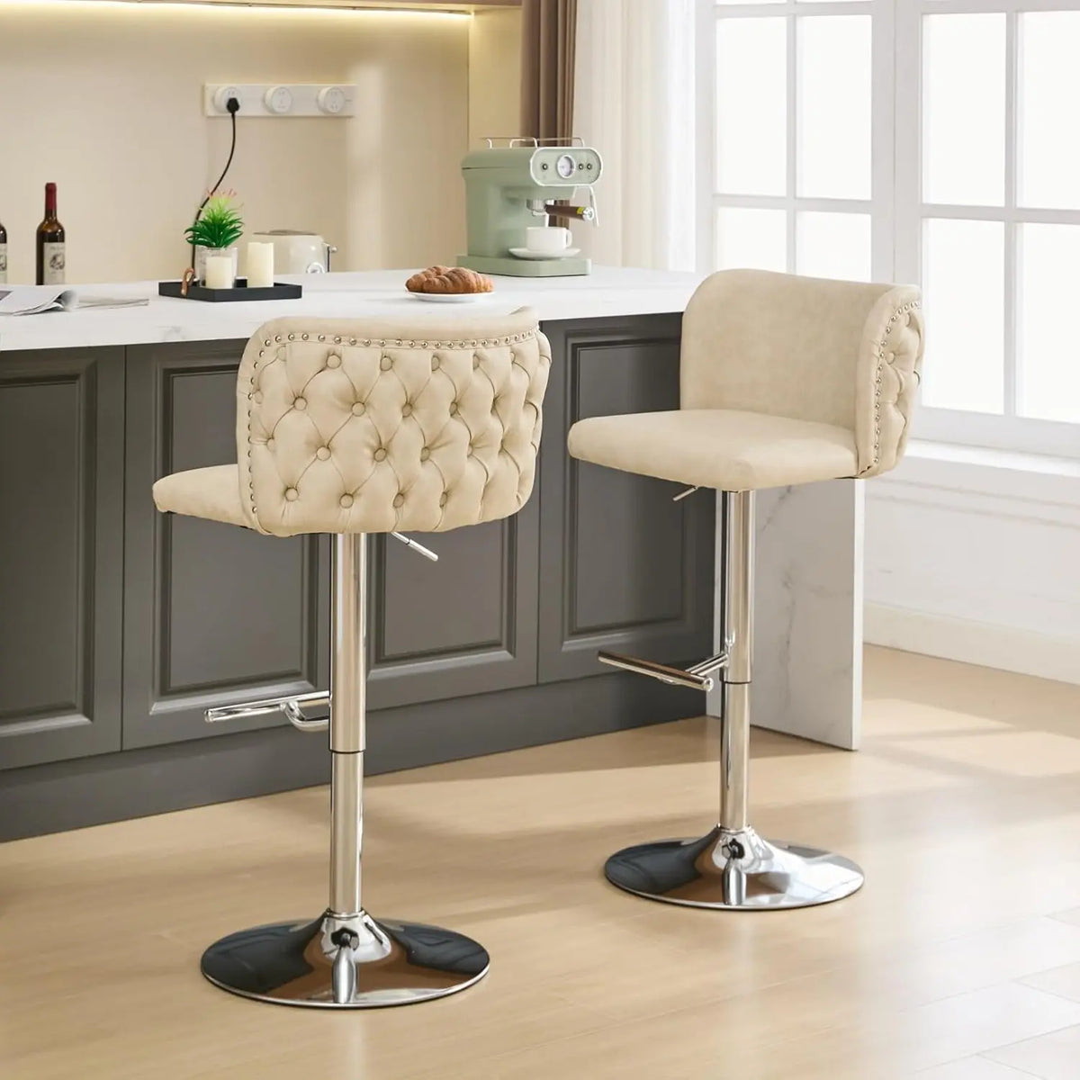 PU Faux Leather Swivel Bar Stools Set of 2 Height Adjustable Kitchen Island Counter Stools Tufted Wingback Dining Stool