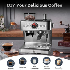 Espresso Coffee Maker With Grinder, 20 Bar Stainless Steel Professional Espresso Coffee Maker With Milk Frother, 2.8L Water Tank