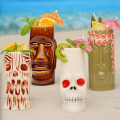 Hard-Carved and Hand-Painted Tiki Mugs Assorted Cocktail Set Party Event Mugs Drinkware, Cute Exotic Cocktail Glasses