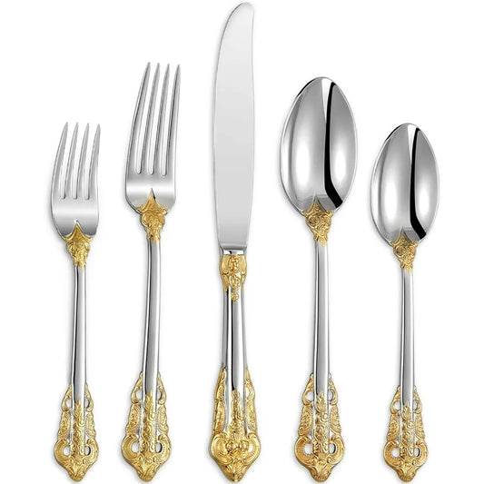 Luxury 20 piece 18/10 stainless steel cutlery set, 4-person service, silver plated with gold, exquisite silverware set