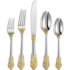 Luxury 20 piece 18/10 stainless steel cutlery set, 4-person service, silver plated with gold, exquisite silverware set
