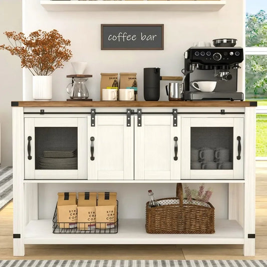 Farmhouse Coffee Bar Cabinet with Storage, 47'' Coffee Bar Table with Sliding Barn Door, White Coffee Buffet Cabinet