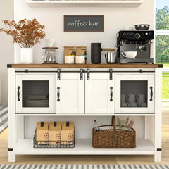 Farmhouse Coffee Bar Cabinet with Storage, 47'' Coffee Bar Table with Sliding Barn Door, White Coffee Buffet Cabinet
