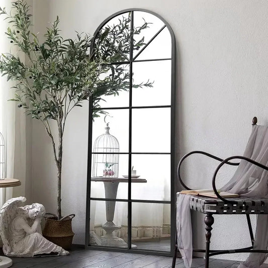 Floor Full Length Mirror, Black Arched-Top, Large Window Pane Mirror, Wall Mounted Mirror, 65"x22" Standing Mirror Hanging