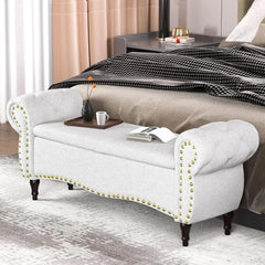 Storage Ottoman Bench, 53" Length Upholstered Benches, Tufted Bed Benches with Rolled Arm and Nailhead Trim, Bench