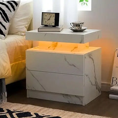 Nightstand LED Bedside Table for Bedroom Modern Night Stand with 2 Wood Drawers End Side Table for Bedroom