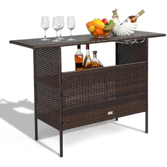 Wicker Outdoor Bar Table with 2 Steel Shelves, Sets of Rails, Rattan Patio Storage for Backyard, Poolside, Garden