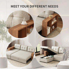 Pull-Out Couch with Storage Chaise and Armrests, Convertible Sectional Sleeper Sofa Bed with Removable Back Cushions