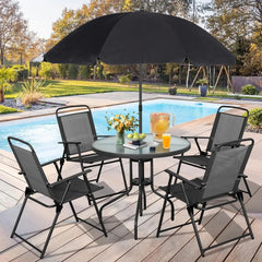 6 Piece Folding Patio Dining Set,Small Metal Outdoor Garden Patio Table and Chair Set w/Umbrella for Lawn,Deck,Backyard