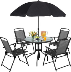6 Piece Folding Patio Dining Set,Small Metal Outdoor Garden Patio Table and Chair Set w/Umbrella for Lawn,Deck,Backyard