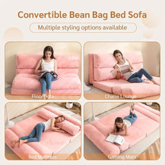 Bean Bag Bed Folding Sofa Bed, Extra Wide Full Floor Mattress for Adults with Washable Soft Faux Fur Cover