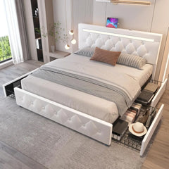 Queen Size Bed Frame with 4 Drawers, Adjustable LED Headboard, PU Leather Upholstered Storage Platform Bed with USB Charging Station