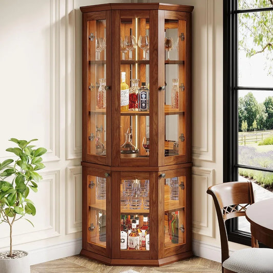 Corner Bar Cabinet, Tall Modern Wine Cabinet with Doors & LED Lights, 5-Tier Liquor Bar Cabinet, Home Bar for Dining Room