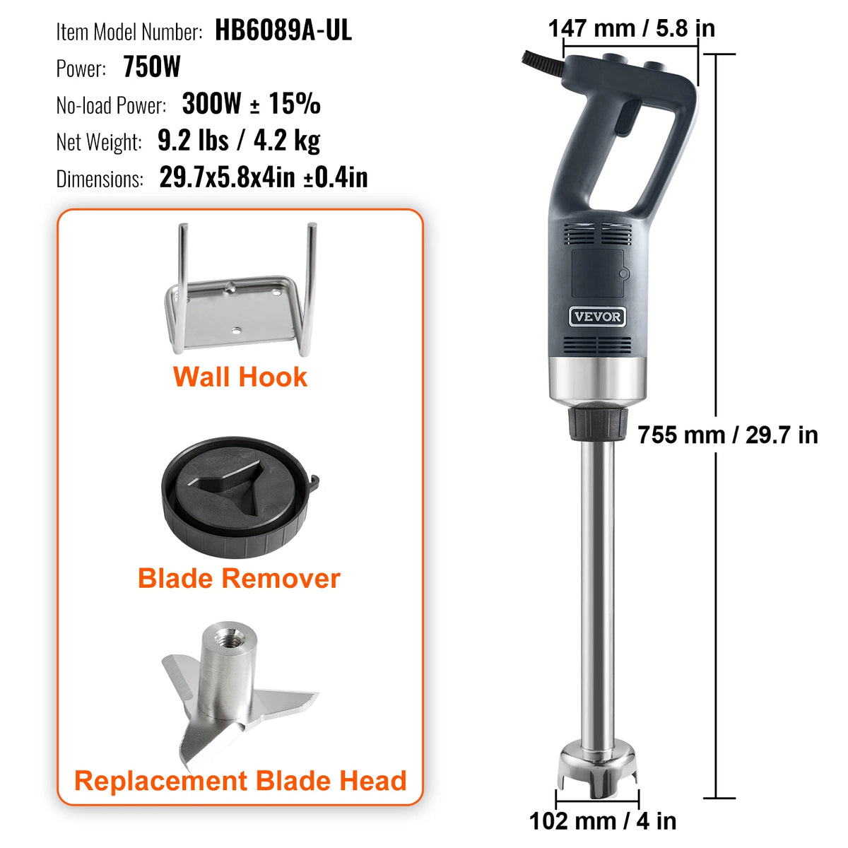 SucceBuy Commercial Immersion Blender 750W 16" Heavy Duty Hand Mixer Multi-Purpose Portable Mixer for Smoothie Puree Baby Food
