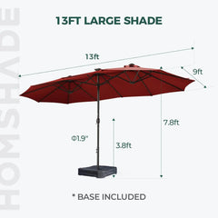 Double Sided Patio Umbrellas - 13ft Solar Lights LED Lighted Outdoor Extra Large Market Table Umbrella with Base Included