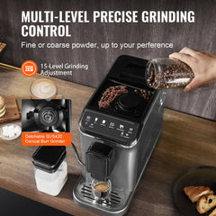 SucceBuy Automatic Espresso Machine Coffee Latte Machine with Color Touch Screen 15 Grinding Levels and Removable Milk Reservoir