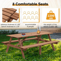 6 Person Outdoor Picnic Table, Round Picnic Table with 3 Built-in Benches, Umbrella Hole,Outside Wood Picnic Table and Bench Set