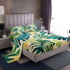 Monstera Sheets Cal King Size - Leaf Bed Sheets - Tropical Plants Sheet Set - Super Soft Wrinkle Free Microfiber Bedding 4 Piec