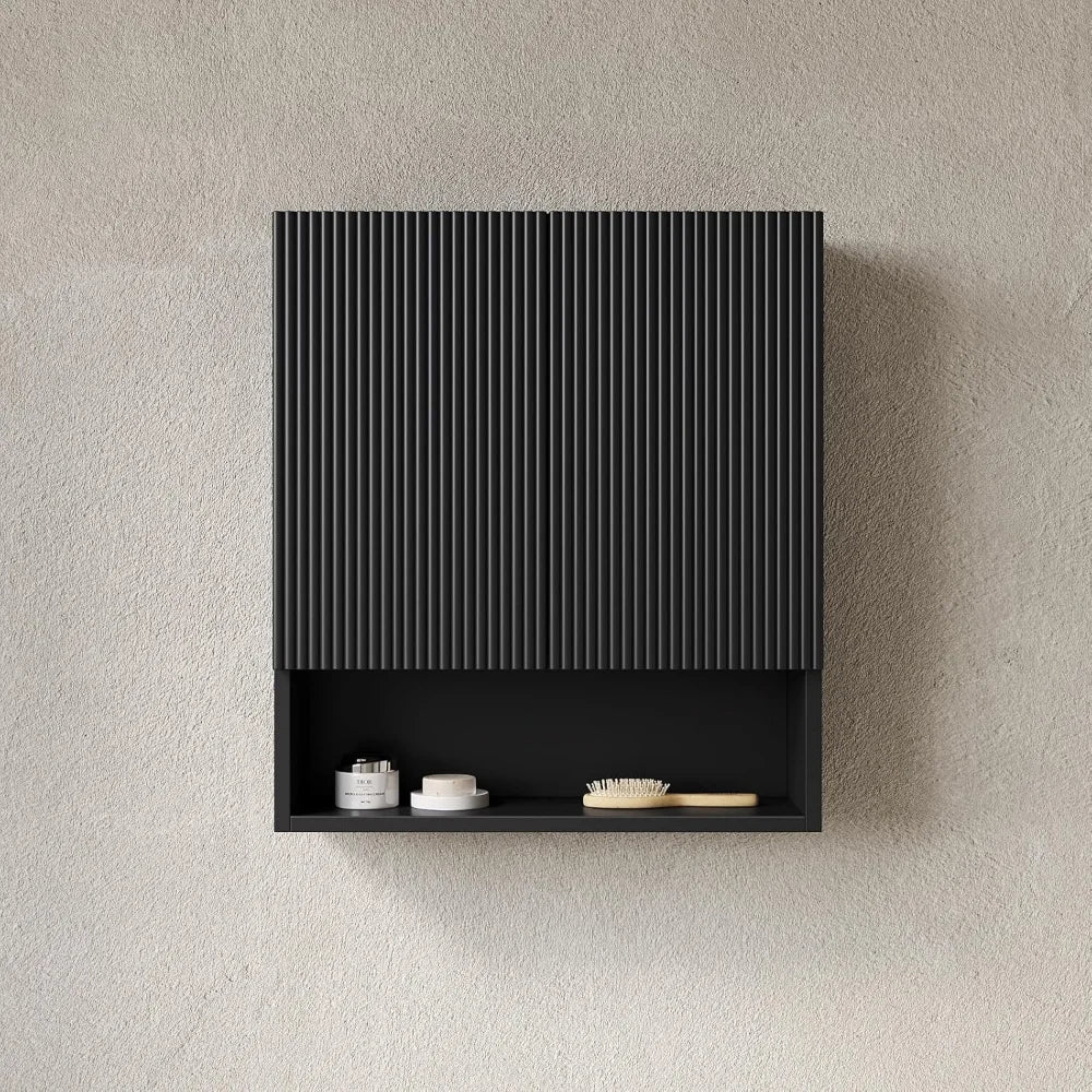 26" Wall-Mounted Fluted Side Cabinet for Bathroom Storage, Black Storage Compartment with 2 Doors and Shelves