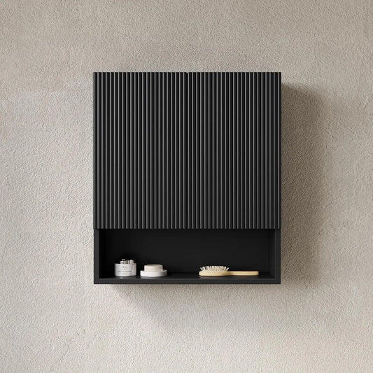 26" Wall-Mounted Fluted Side Cabinet for Bathroom Storage, Black Storage Compartment with 2 Doors and Shelves