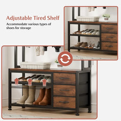 Hall Tree with Bench and Shoe Storage, 31.5" Coat Rack Freestanding with 2-Tier Storage Shelf, 6-in-1 Entryway Bench Coat
