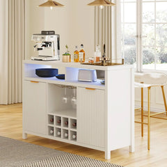 Fluted Home Bar Wine Cabinet with LED Light, Charging Station, Wine Rack - Buffet Cabinet with Storage, Coffee Bar Table