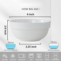 6 Inch Ceramic Soup Bowls, Cereal Bowls Set of 6, 24 Ounces White Kitchen Bowls, Bowls for Cereal Soup Rice Pasta Salad Oatmeal