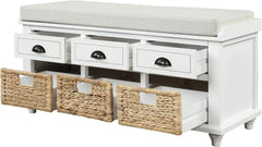 Storage Bench with 3 Drawers, 3 Rattan Baskets and Removable Cushion for Entryway, Shoe Bench End of Bed Bench 3-Cube