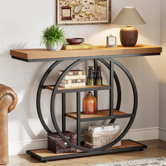 Console Table, Industrial 4-Tier Sofa Table Entryway Table with Circle Base, Narrow Wood Accent Tables with Sto