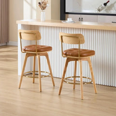 PU Leather Swivel Counter Stools Set of 2, Modern Button Tufted 26" Seat Height Low Bar Stools with Wooden Legs Upholst