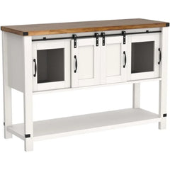 Farmhouse Coffee Bar Cabinet with Storage, 47'' Coffee Bar Table with Sliding Barn Door, White Coffee Buffet Cabinet