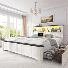 EnHomee Queen Bed Frame with Headboard and Storage, 4 Drawers & LED & USB Bed Frame Queen Size with Storage Farmhouse, Built in