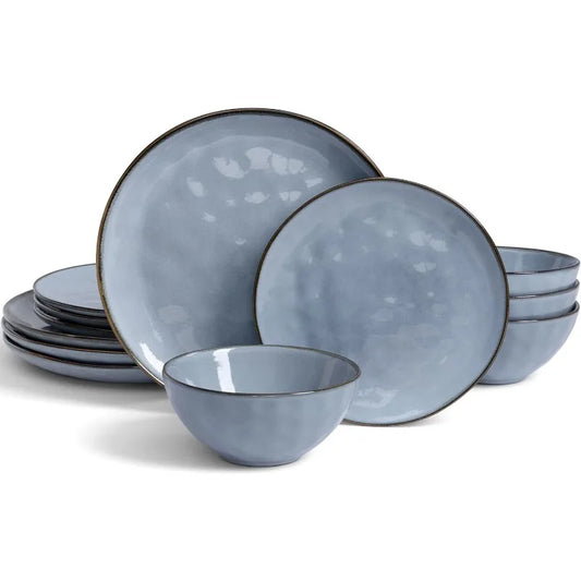 Dinnerware Sets for 4, Ocean Round 12-Piece Kitchen Plates and Bowls Sets, Reactive Glaze, Microwave and Dishwasher Safe,