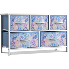 Kids Dresser with 5 Drawers - Storage Chest Organizer Unit with Steel Frame, Wood Top, Easy Pull Fabric Bins - Long Wide TV St