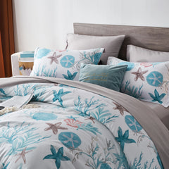 7 Piece Bed In A Bag Bed Comforter Set Queen, Fashion Starfish Coral Print, Boho Print Comforter And Sheet, Pillowcase Set,