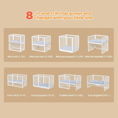 8-in-1 Convertible Crib with 2 Mattress, Convert to Bassinet, Mid Crib, Full Size Baby Cribs