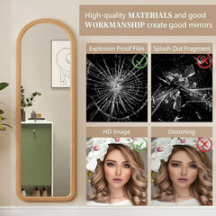 63"x18" Arched Full Length Mirror with Solid Wood Frame, Wooden Floor Mirror with Stand, Leaning/Hanging Full Body Mirror