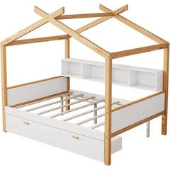 Full Size House Bed with Storage Drawers for Kids,Full Kids Bed Frame with Bookshelves,Wooden House Frame for Girls,Boys