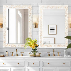 White Mirrors for Wall , Natural Mother of Pearl Inlay Mosaic Framed Rectangle Mirror for Bathroom, Bedroom or Entryway