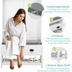 Hall Tree with 4 Metal Hooks, 2 Sliding Drawers, Top Shelves and Shoes Storage Shelf, Hallway Coat Rack Entryway Bench