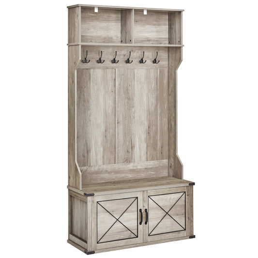 Hall Tree with Bench and Storage Cabinet, 6 Tri-Hooks, Adjustable Shelves