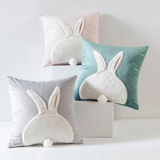 2Pcs Easter Rabbits Throw Pillow Cover 45x45cm Bunny Soft Cushion Case Plush Rabbit Embroidered Pillowcase for Sofa Home Decorat