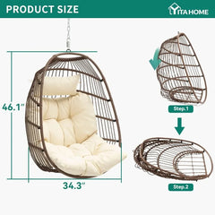 Hanging Egg Swing Chair, Outdoor Wicker Hammock Chairs Without Stand UV Resistant Cushion 350lbs for Patio, Patio Swing