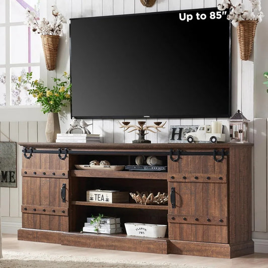 Farmhouse 75" TV Stand for 80 85 Inch TV, Rustic Media Console Table with Sliding Barn Door, Large Highboy Entertainment Center