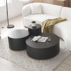 35" Modern Black Round Coffee Table with Gold Rim – Stylish Drum End Table