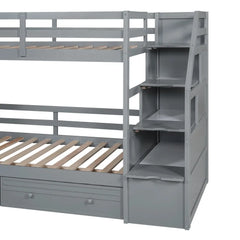 Wood Twin Over Twin Bunk Bed with Desk and Slide,Drawers Bookcase and Storage Staircase for Kids, White