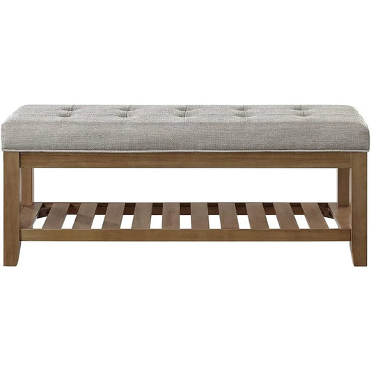 Bench, Large Rectangular Upholstered Tufted Linens Fabric Ottoman Benches, Padded Benches with Solid Wood Shelf-Linen, Bench