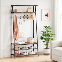 Large Coat Rack Shoe Bench, 4-in-1 Hall Trees Entryway Bench with Coat Rack & Shoe Rack, Steel Frame Storage Shelf & Hanging Bar