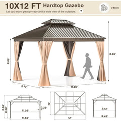 10x12 FT Hardtop Gazebo with Aluminum Frame, Galvanized Steel Double Roof Gazebo with Nettings and Curtains, Permanent Outdoor