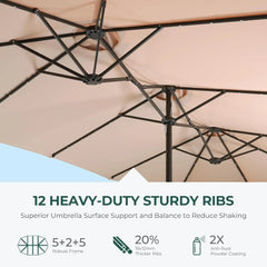 Double Sided Patio Umbrellas - 13ft Solar Lights LED Lighted Outdoor Extra Large Market Table Umbrella with Base Included